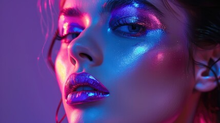 Close Up Model Woman in Neon Lights with Metallic Silver Lips