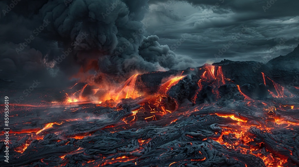 Poster a volcano erupts with lava and smoke, creating a fiery and dangerous scene. the lava flows down the 