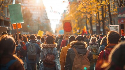 Passionate climate action march, diverse crowd, colorful signs, urban setting