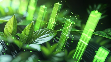 Financial documents with green bar charts and fresh leaves, environmental finance, sustainable growth, cyberpunk, digital painting