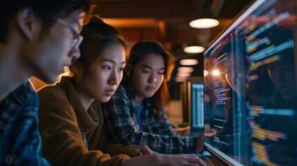 A group of students collaborating on a computer programming assignment,  debugging code together