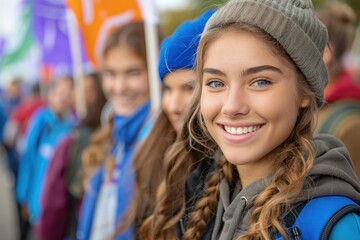 A young woman smiles brightly, surrounded by other students