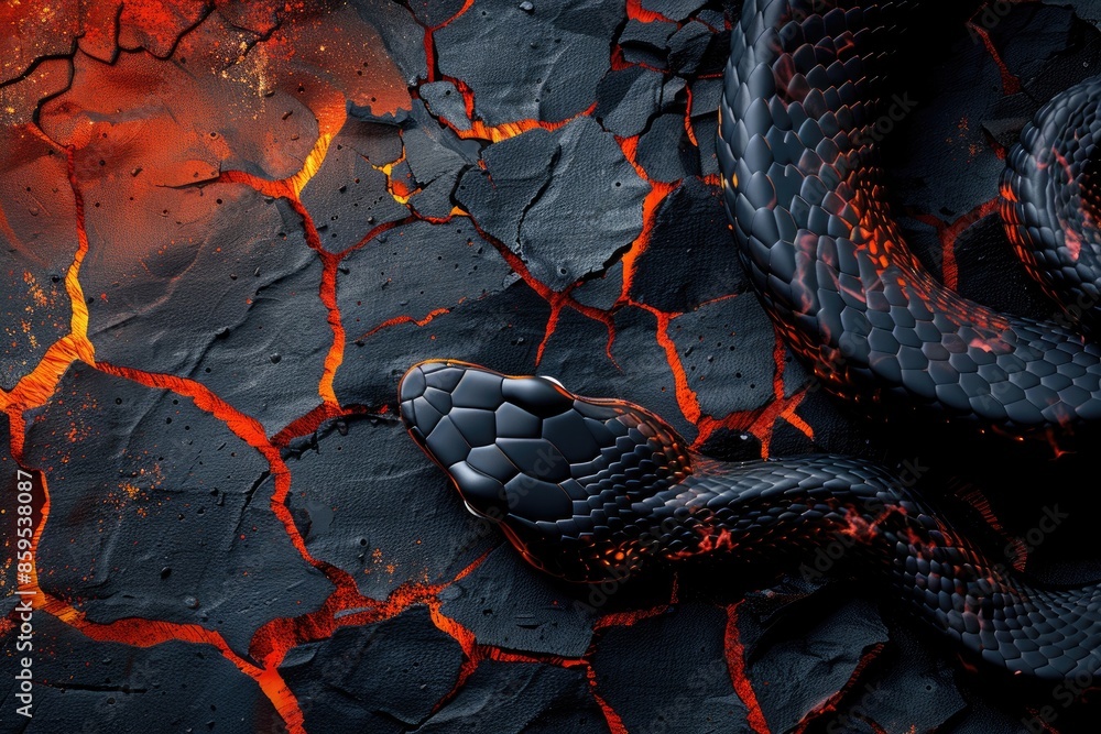 Poster a black snake is laying on a rocky surface with lava in the background. the snake is surrounded by a