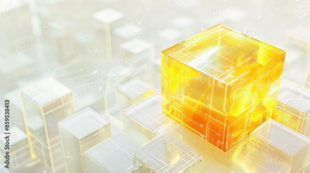 Poster 3d rendering of glowing yellow cube on top of white cubes. aig535