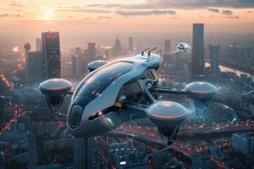 Fototapeta premium Futuristic Aerial Transportation in a Modern Cityscape at Sunset , Concept for Urban Air Mobility