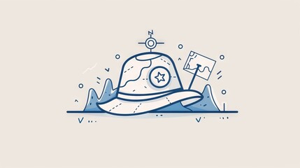 Minimalist line art of a traveler's hat with a map pinned to the brim, representing adventure and exploration.