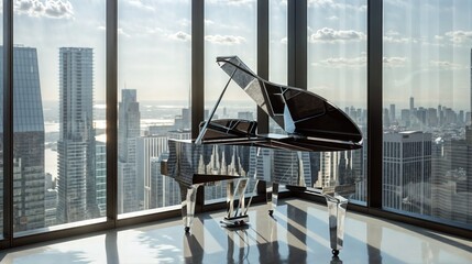 A sleek grand piano stands against a panoramic city view