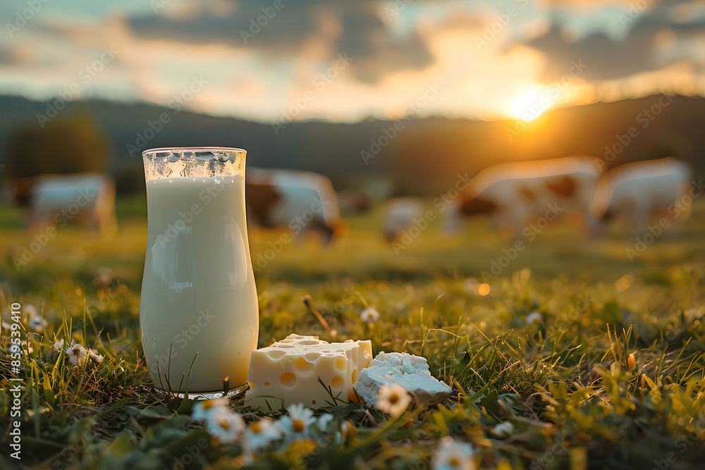 Wall mural jug of milk on a meadow