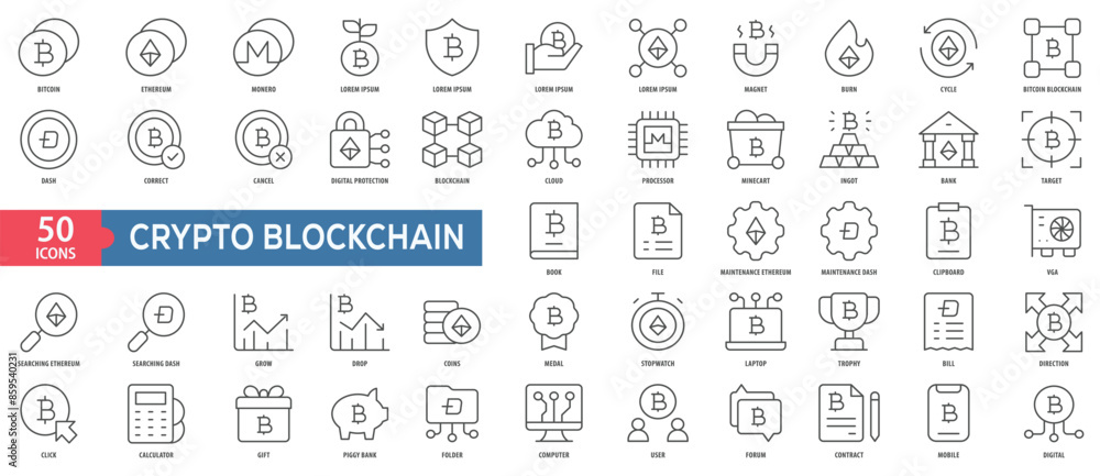 Fototapete crypto blockchain icon collection set. easy to use, easy to edit and simple line vector icons.