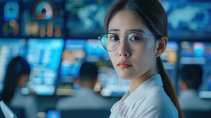 Fototapeta premium A young female government employee, wearing glasses, uses a tablet in a system control center. In the background, her coworkers are at their workspaces, with multiple displays showing valuable data.