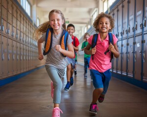 Animated children with backpacks rush through a hallway, bringing life to the school. Back to school concept. 