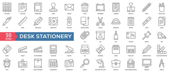 Desk Stationery Icon Collection Set. Easy To Use, Easy To Edit And Simple Line Vector Icons.