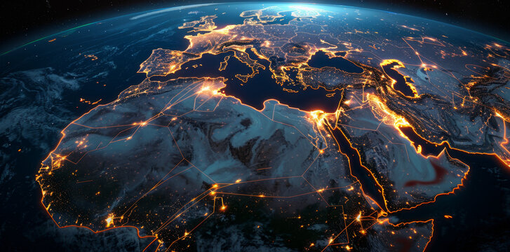 Digital map of the Middle East and North Africa with glowing connections between cities on dark background, concept for global network