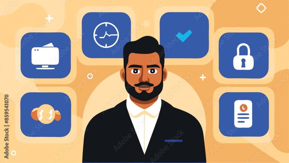 Poster a man is standing in front of a computer monitor with a clock on the wall