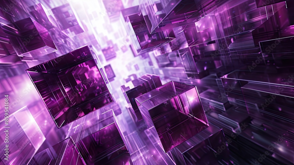 Poster a purple and white image of a building with many windows. the windows are all different sizes and sh