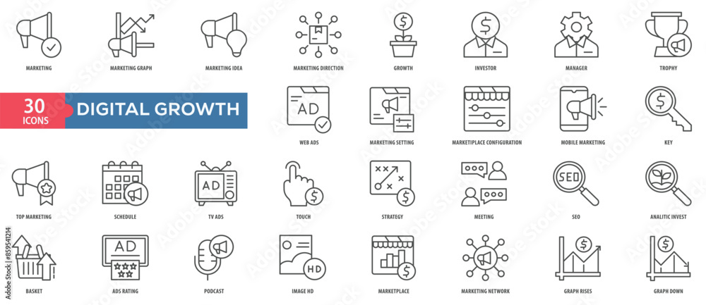 Poster digital growth icon collection set. easy to use, easy to edit and simple line vector icons.