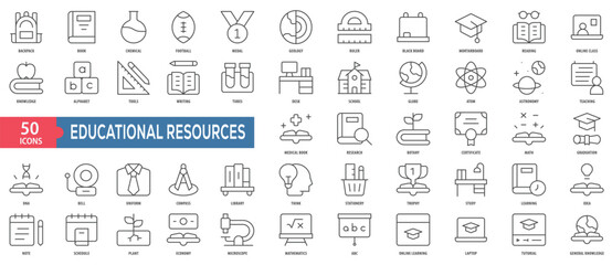 Educational Resources-61 Icon Collection Set. Easy To Use, Easy To Edit And Simple Line Vector Icons.