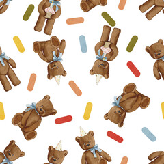 teddy bear watercolor style seamless pattern