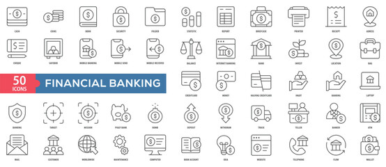 Financial Banking Icon Collection Set. Easy To Use, Easy To Edit And Simple Line Vector Icons.