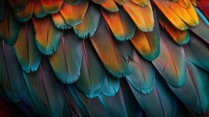 Fototapeta premium Close Up of Colorful Parrot Feathers With Blue and Orange Hues