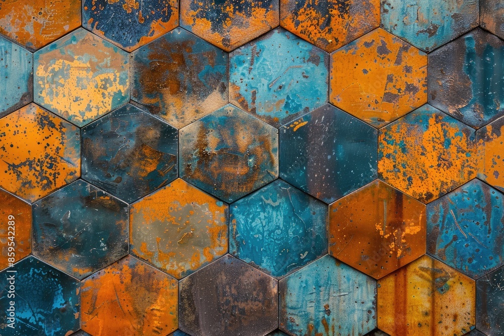 Poster a colorful mosaic made up of various shades of blue and orange. the design is intricate and visually