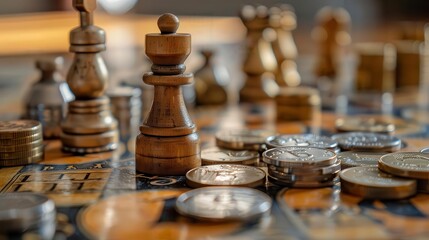 A wooden chess piece on a chessboard with coins scattered around it.