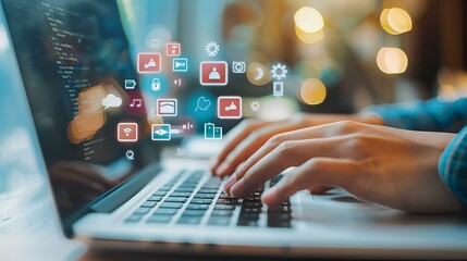 Person typing on keyboard, working on a laptop in an office setting, with close-up view of hands and screen, showcasing technology and internet communication tools