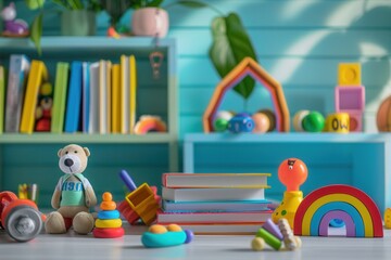 A close-up shot of colorful toys and books in a brightly lit room, perfect for a childs learning environment. Generative AI
