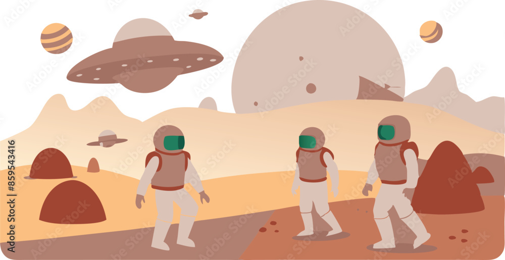 Wall mural three astronauts are walking on a path in a desert