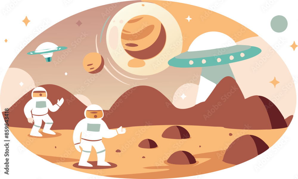 Wall mural two astronauts are walking on a planet with a large planet in the background