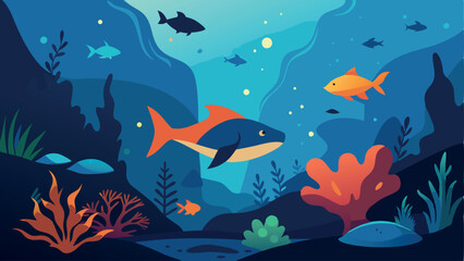 Obraz premium A colorful underwater scene with a fish swimming in the middle