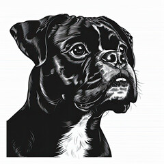 A black and white drawing of a Boxer dog