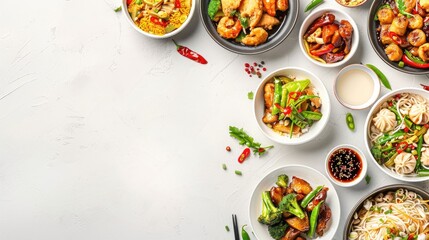 Set of Chinese dishes on a white surface with room for text Top down view of cuisine from China