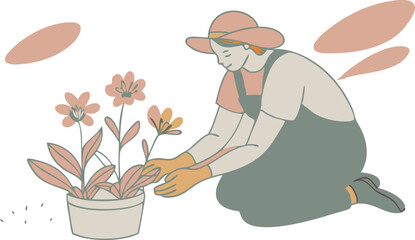 A woman is tending to a flower pot