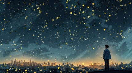 Obraz premium A man stands alone, looking up at a night sky filled with stars