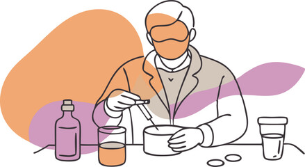 A man is sitting at a table with a bottle and a cup