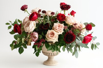 Romantic bouquet with red and pink roses, peonies, and greenery, arranged in a vintage-style vase on a plain white background