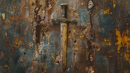 Historic sword with weathered edge and hilt exhibited on wall