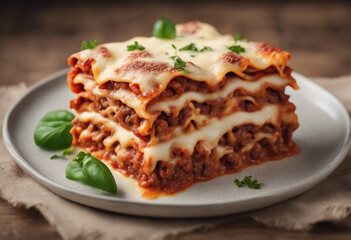 A rustic Italian lasagna with layers of beef ragÃ¹ bÃ©chamel sauce and melted cheese isolated on trans