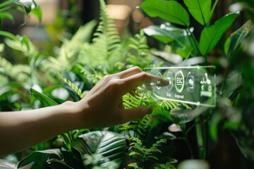 Hand creating environmental protection strategy, holographic ESG indicators, green plants, eco-friendly setting, modern technology