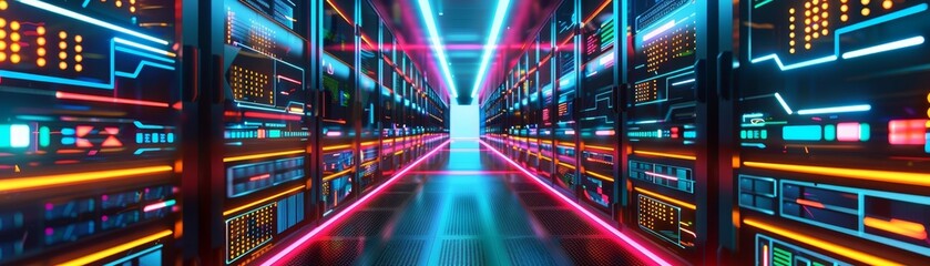 Kubernetes clusters in a neon-lit data center, advanced container orchestration, futuristic design, vibrant colors, digital rendering