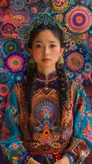 Hmong Woman Surrounded by Vibrant Mythical Creatures and Ornate Patterns