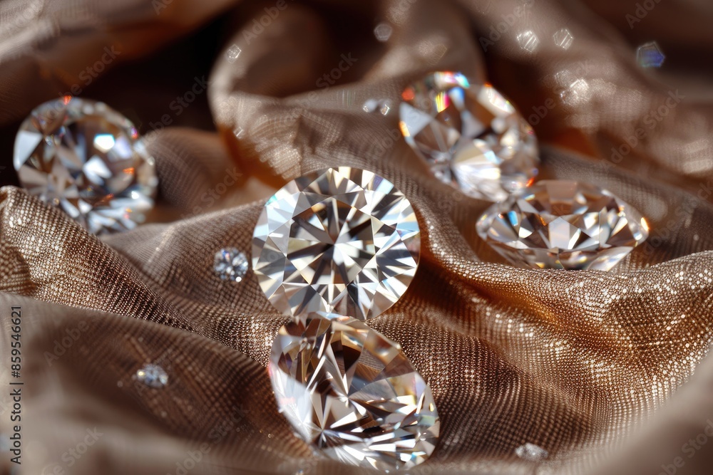 Poster a close up of a pile of diamonds on a gold cloth. the diamonds are all different sizes and are arran