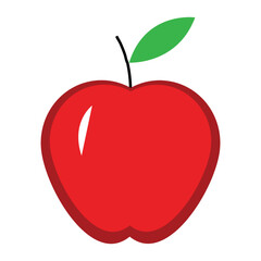 Bright red apple, simple vector illustration, flat design, single green leaf, white background	