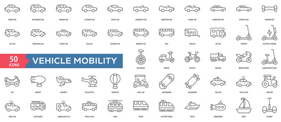 Vehicle Mobility Icon Collection Set. Easy To Use, Easy To Edit And Simple Line Vector Icons.