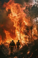 Two firefighters walking away from a large fire, smoke and flames in the background