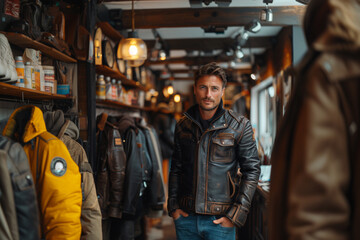 Fototapeta premium A stylish man trying on a leather jacket and checking the fit .A man in a leather jacket stands in a store with hands in pockets