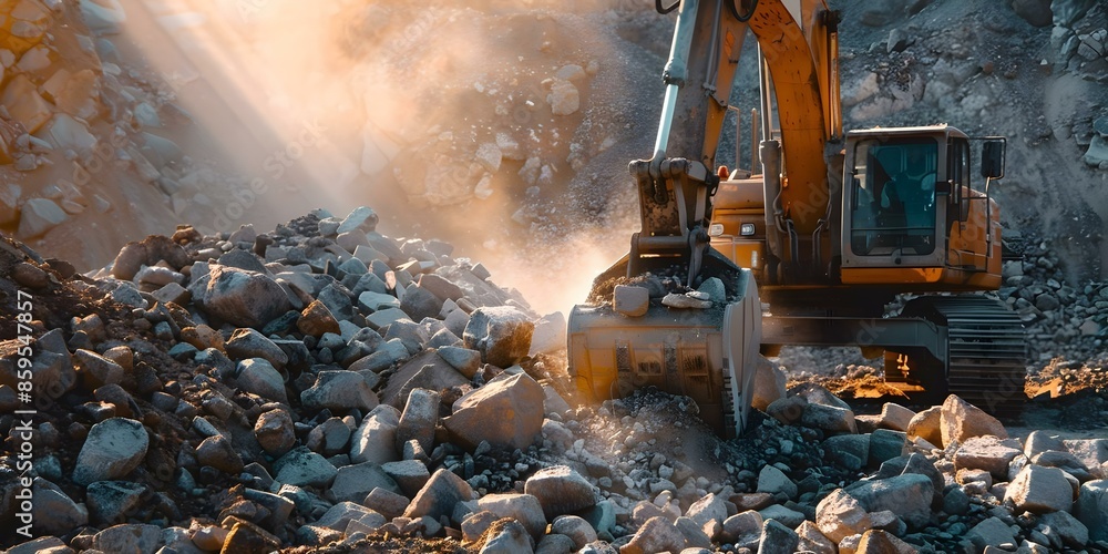Poster excavator loading stones into crusher machine in a green field creative banner image. concept constr