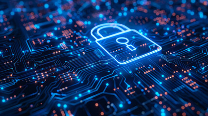 lock symbol on digital circuit board background with data protection and cyber security concept