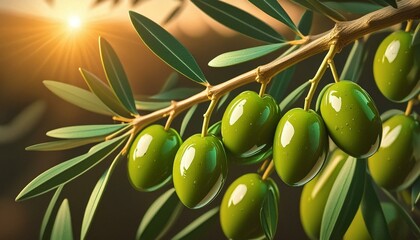 Naklejka premium Green olives on an olive twig.